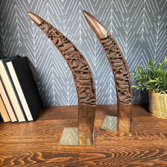 Vintage Hand Carved Wood Elephant Tusk Bookends or Sculptures on Brass Bases - Picture 5 of 17
